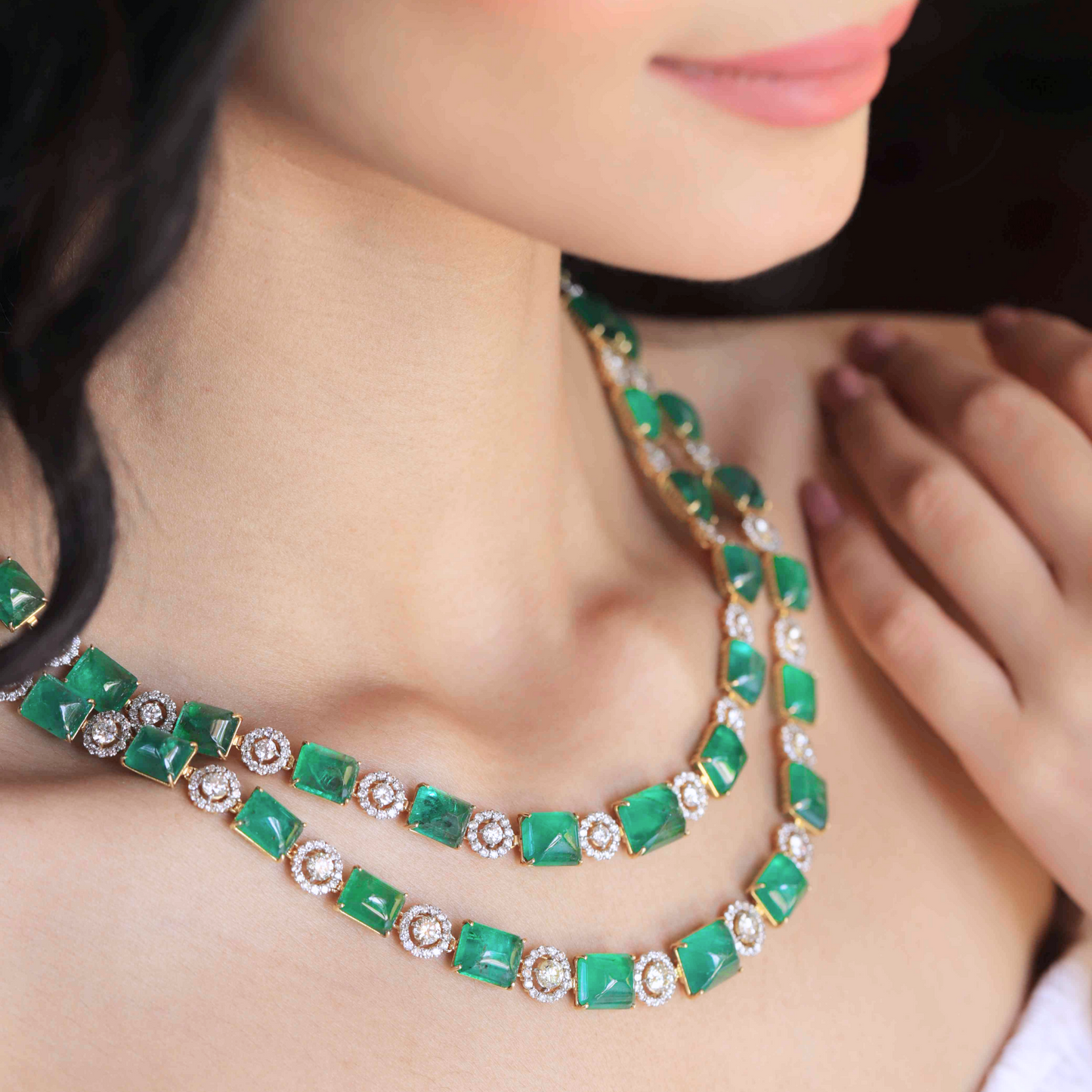 Double Line Emerald Diamond Necklace