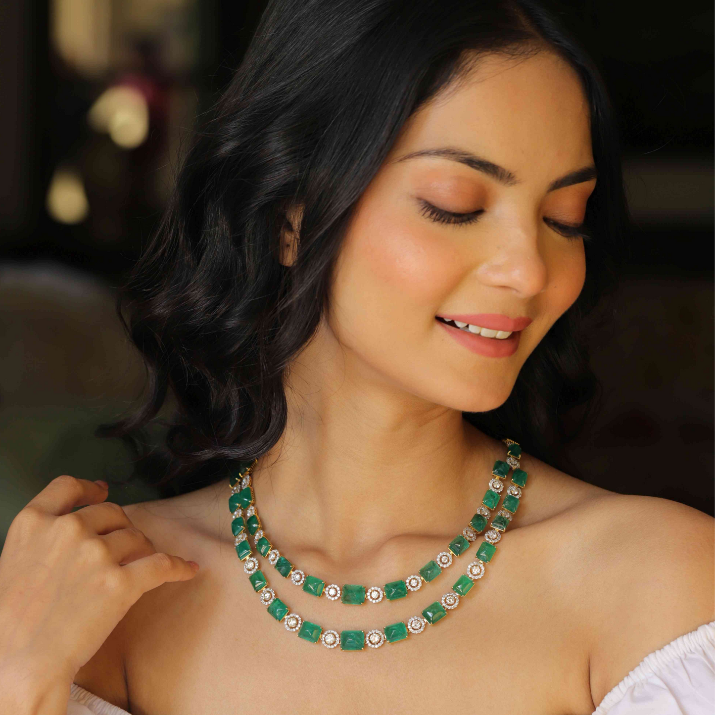 Double Line Emerald Diamond Necklace